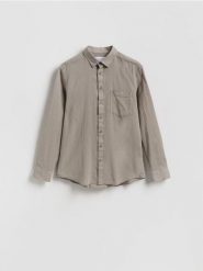 Koszula regular fit z lnem - beżowy. Brązowe koszule Reserved, l, bez wzorów, z bawełny, bez kołnierzyka, bez ramiączek. Za 139.99 zł.