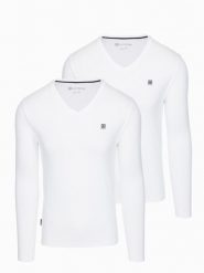 Komplet męskich longsleeve'ów SLIM FIT z dekoltem typu V i logotypem 2-pak – 2x biały V4. Białe bluzki z długim rękawem Ombre Clothing, l, bez wzorów, z bawełny, bez kołnierzyka, bez ramiączek. W wyprzedaży za 104.99 zł.