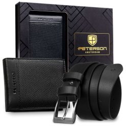 Zestaw prezentowy: skórzany portfel męski w czarnym kolorze bez zapięcia i czarny pasek ze skóry ekologicznej - Peterson. Czarne portfele Peterson, bez wzorów, ze skóry ekologicznej. Za 109.00 zł.