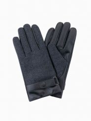 Męskie eleganckie rękawiczki z łączonych materiałów z wełną – grafitowy melanż V2 OM-ACGL-0111 - one size. Szare rękawiczki Ombre Clothing, bez wzorów, z materiału. Za 59.99 zł.
