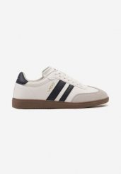 Biało-Granatowe Płaskie Klasyczne Buty Sportowe Sneakersy ze Sznurowaniem z Ozdobnym Noskiem i Paskami Timaela. Białe buty sportowe casual Born2be, z aplikacjami, z jeansu, bez zapięcia. W wyprzedaży za 103.99 zł.