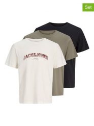 Jack & Jones Koszulki (3 szt.) w kolorze czarno-kremowo-oliwkowym rozmiar: M. Brązowe bezrękawniki Jack & Jones, m, bez wzorów, z bawełny, bez kołnierzyka, bez ramiączek. Za 129.95 zł.