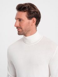 Jednokolorowy dzianinowy męski golf z wiskozą – biały V3 OM-SWTN-0101 - XXL. Białe golfy Ombre Clothing, m, bez wzorów, z dzianiny, bez ramiączek. W wyprzedaży za 79.99 zł.