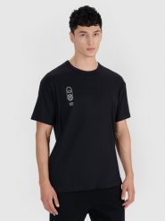 4F T-shirt oversize z nadrukiem męski - czarny S. Czarne t-shirty 4F, m, bez wzorów, z bawełny, bez kołnierzyka, bez ramiączek. W wyprzedaży za 59.99 zł.