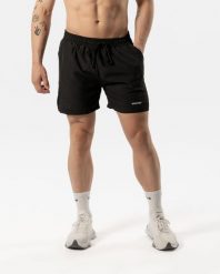 Męskie szorty sportowe 2 w 1 z wewnętrzną warstwą i kieszenią – czarny. Czarne krótkie spodenki sportowe AESTHETIC WOLF, m, bez wzorów, z elastanu. Za 299.99 zł.