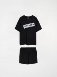 Dwuczęściowa piżama z dzianiny french terry - czarny. Czarne piżamy Sinsay, l, bez wzorów, z dzianiny, bez ramiączek. Za 49.99 zł.