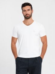 Męski t-shirt V-neck SLIM FIT z elastanem i printem – biały V2 OM-TSBC-0221 - XXL. Białe t-shirty Ombre Clothing, l, bez wzorów, z bawełny, bez kołnierzyka, bez ramiączek. W wyprzedaży za 39.99 zł.