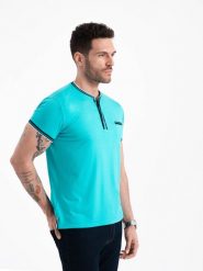 T-shirt męski henley ozdobnymi ściągaczami - turkusowy V7 OM-TSCT-0175 - XXL. Niebieskie t-shirty Ombre Clothing, l, z aplikacjami, z elastanu, bez kołnierzyka, bez ramiączek. W wyprzedaży za 39.99 zł.
