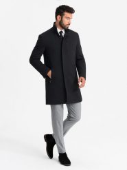 Dopasowany strukturalny męski płaszcz z wysokim kołnierzem – czarny V1 OM-COWC-0117 - XXL. Czarne płaszcze Ombre Clothing, m, z aplikacjami, z materiału, eleganckie, bez kaptura. Za 311.99 zł.
