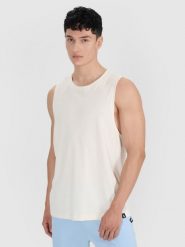 4F Tank top oversize męski - biały XL. Białe bezrękawniki 4F, bez wzorów, z bawełny, bez ramiączek, do koszykówki. W wyprzedaży za 29.99 zł.