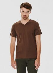 PAKO LORENTE – Brązowy gładki t-shirt v-neck. Brązowe t-shirty Pako Lorente, m, bez wzorów, z bawełny, bez kołnierzyka, bez ramiączek. Za 39.99 zł.