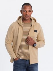 Męska rozpinana dresowa bluza z kapturem i patchem – piaskowa V2 OM-SSZP-0140 - XXL. Bluzy Ombre Clothing, l, z aplikacjami, z bawełny, z kapturem. W wyprzedaży za 99.99 zł.