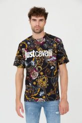 JUST CAVALLI T-shirt czarny R Print Iconic Schields. Czarne t-shirty Just Cavalli, m, bez wzorów, bez kołnierzyka, bez ramiączek. W wyprzedaży za 399.99 zł.