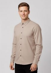 Beżowa koszula, Slim Fit, K-TANALO. Brązowe koszule Volcano, m, bez wzorów, z bawełny, bez kołnierzyka, bez ramiączek. Za 139.99 zł.