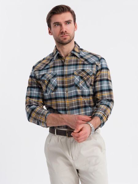 Męska flanelowa koszula w kratę z kieszeniami - szaro-żółta V1. Szare koszule Ombre Clothing, m, bez wzorów, z bawełny, bez kołnierzyka, bez ramiączek. W wyprzedaży za 79.99 zł.