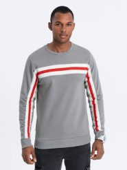 Bluza męska z lampasem - szara V6 - Rozmiar: M. Szare bluzy Ombre Clothing, m, bez wzorów, z bawełny, bez kaptura. W wyprzedaży za 39.99 zł.