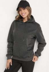 Ciemnoszara Bluza z Kapturem i Kangurkową Kieszenią Envila. Szare bluzy z kapturem Born2be, l, bez wzorów, z jeansu, z kapturem. Za 59.99 zł.