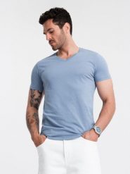 Klasyczna męska bawełniana koszulka z dekoltem w serek BASIC – niebieska V20 OM-TSBS-0145 - XL. Niebieskie t-shirty Ombre Clothing, m, bez wzorów, z bawełny, bez kołnierzyka, bez ramiączek. W wyprzedaży za 24.99 zł.