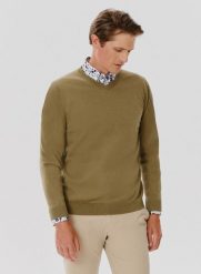 PAKO LORENTE – Zielony męski sweter w serek. Zielone swetry nierozpinane Pako Lorente, na jesień, m, bez wzorów, z bawełny, bez kołnierzyka, bez ramiączek. Za 79.99 zł.