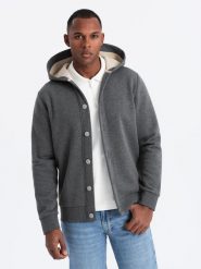 Męska bluza dresowa z kapturem zapinana na guziki – grafitowy melanż V4 OM-SSZP-0186 - XXL. Szare bluzy Ombre Clothing, l, bez wzorów, z bawełny, z kapturem. Za 143.99 zł.