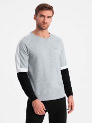 Trójkolorowa męska bluza dresowa z raglanowymi rękawami – szara V1 OM-SSNZ-22FW-003 - XXL. Szare bluzy Ombre Clothing, l, bez wzorów, z bawełny, bez kaptura. W wyprzedaży za 99.99 zł.