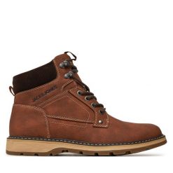 Trzewiki Jack&Jones. Brązowe botki sznurowane Jack&Jones, bez wzorów, bez obcasa, bez zapięcia. Za 379.99 zł.
