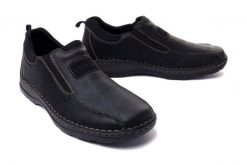 RIEKER 05363-00 black, półbuty/mokasyny męskie. Czarne mokasyny Rieker, bez wzorów, bez obcasa, bez zapięcia. Za 399.90 zł.