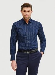 PAKO LORENTE – Granatowa koszula męska w mikrowzór. Koszule Pako Lorente, na lato, m, bez wzorów, z bawełny, bez kołnierzyka, bez ramiączek. Za 299.99 zł.