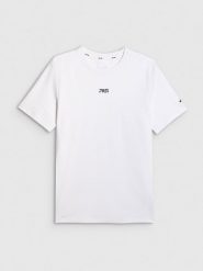4F T-shirt regular z nadrukiem męski 4F x Robert Lewandowski - biała S. Białe t-shirty 4F, l, bez wzorów, z bawełny, bez kołnierzyka, bez ramiączek. Za 99.99 zł.