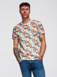 T-shirt męski bawełniany w kwiatowy wzór full print – biały V1 - Rozmiar: XXL. Białe t-shirty Ombre Clothing, m, bez wzorów, z bawełny, bez kołnierzyka, bez ramiączek. W wyprzedaży za 29.99 zł.