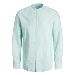 Koszula Jack & Jones Letnia Mieszanka Lnu kojące morze. Niebieskie koszule Jack&Jones, na lato, bez wzorów, bez kołnierzyka, bez ramiączek. Za 169.16 zł.