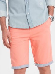 Szorty męskie chinosy z kontrastowym podwinięciem – łososiowe V9 W421 - XXL. Pomarańczowe szorty Ombre Clothing, m, bez wzorów, z bawełny, biznesowe. W wyprzedaży za 99.99 zł.