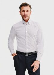 PAKO LORENTE – Biała koszula męska w mikrowzór. Białe koszule Pako Lorente, na lato, m, bez wzorów, z bawełny, bez kołnierzyka, bez ramiączek. Za 299.99 zł.