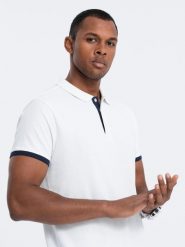 Bawełniana męska koszulka polo z kontrastowymi wykończeniami – biała V1 OM-POSS-0113 - XXL. Białe koszulki polo sportowe Ombre Clothing, l, bez wzorów, z bawełny, bez kołnierzyka, bez ramiączek. Za 71.99 zł.