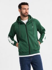 Rozpinana męska bluza z kapturem i lampasami - ciemnozielona V7 - Rozmiar: L. Zielone bluzy z kapturem Ombre Clothing, l, z aplikacjami, z dzianiny, z kapturem. W wyprzedaży za 194.99 zł.