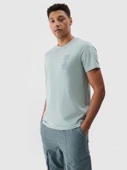 4F T-shirt regular z nadrukiem męski - turkusowy S. Niebieskie t-shirty 4F, m, bez wzorów, z bawełny, bez kołnierzyka, bez ramiączek. W wyprzedaży za 39.99 zł.