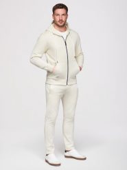 Komplet dresowy męski set bluza rozpinana z kapturem + spodnie z prosta nogawką - kremowy V11 - Rozmiar: M. Białe bluzy z kapturem Ombre Clothing, m, z aplikacjami, z bawełny, z kapturem. Za 339.99 zł.