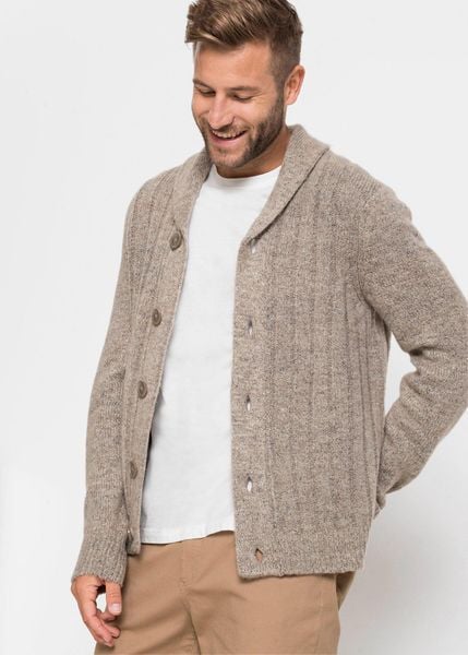 Sweter rozpinany w prążkowany wzór. Brązowe swetry rozpinane bonprix, m, bez wzorów, z dzianiny, bez kołnierzyka, bez ramiączek. Za 149.99 zł.