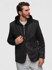 Stylowa męska marynarka z odpinaną podpinką i regulowanym kapturem – czarna V1 - Rozmiar: L. Czarne garnitury Ombre Clothing, do pracy, l, bez wzorów, z jeansu. Za 419.99 zł.