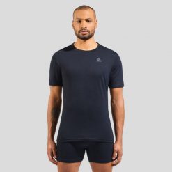 Koszulka męska ODLO Merino 160 BL Top - 100% wełna merino, krótki rękaw. Czarne bielizna termoaktywna ODLO, m, bez wzorów, z materiału, bez ramiączek, snowboardowy. Za 271.99 zł.