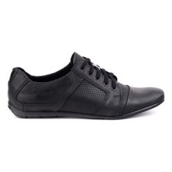 Męskie półbuty skórzane sznurowane POLBUT C34P perforowane casual czarne. Czarne eleganckie półbuty bez wzorów, z jeansu, bez obcasa, bez zapięcia. Za 377.80 zł.