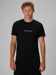 4F T-shirt slim z nadrukiem męski - czarny S. Czarne t-shirty 4F, m, bez wzorów, z bawełny, bez kołnierzyka, bez ramiączek. Za 59.99 zł.