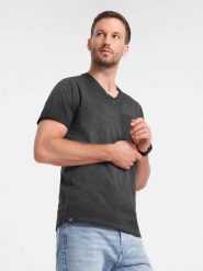 Męski t-shirt V-neck o pręgowanej strukturze z kieszonką – czarny V6 OM-TSCT-22SS-002 - XXL. Czarne bezrękawniki Ombre Clothing, l, bez wzorów, z bawełny, bez kołnierzyka, bez ramiączek. W wyprzedaży za 29.99 zł.