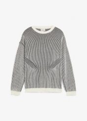 Sweter z prążkowanej dzianiny z mieszanki bawełny, luźny krój. Czarne swetry nierozpinane bonprix, m, bez wzorów, z bawełny, bez kołnierzyka, bez ramiączek. Za 114.99 zł.