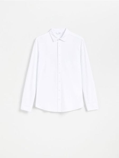 Gładka koszula super slim fit - biały. Białe koszule Reserved, l, bez wzorów, z dzianiny, bez kołnierzyka, bez ramiączek. Za 129.99 zł.