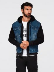 Męska kurtka jeansowa z dzianinowymi rękawami i kapturem – niebiesko-czarna V2 - Rozmiar: L. Niebieskie kurtki Ombre Clothing, l, bez wzorów, z bawełny. Za 379.99 zł.
