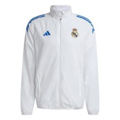 Kurtka dresowa Prematch Real Madrid EU 2025/26. Białe kurtki Adidas, m, bez wzorów, z dresówki, bez kaptura. Za 326.00 zł.
