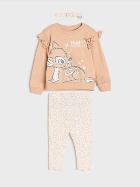 Bawełniany komplet; bluza, legginsy i opaska Bambi - beżowy. Brązowe bluzy bez kaptura Sinsay, l, bez wzorów, z bawełny, bez kaptura. Za 29.99 zł.