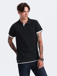 Bawełniana męska koszulka polo z kontrastowymi wykończeniami – czarna V8 OM-POSS-0113 - XXL. Czarne koszulki polo sportowe Ombre Clothing, l, bez wzorów, z bawełny, bez kołnierzyka, bez ramiączek. Za 71.99 zł.