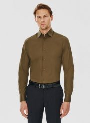 PAKO LORENTE – Oliwkowa koszula męska długi rękaw. Zielone koszule Pako Lorente, m, bez wzorów, z bawełny, bez kołnierzyka, bez ramiączek. Za 199.99 zł.